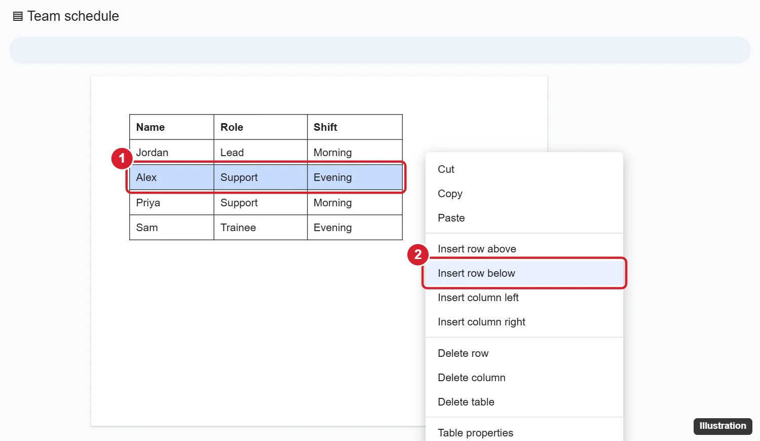 Google Docs table with a row selected and the right-click menu showing Insert row below highlighted