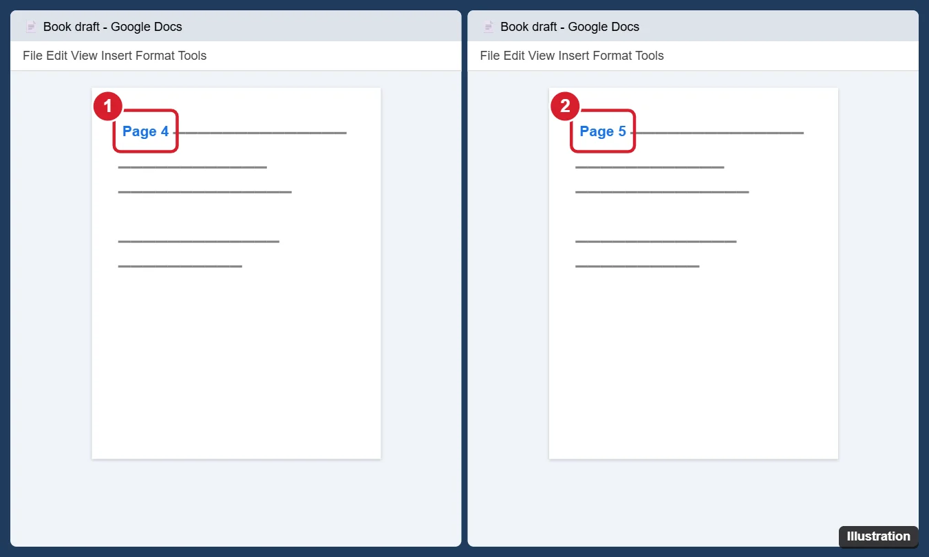 Two browser windows snapped side by side, each showing a different page of the same Google Doc