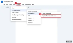 Google Docs Format menu with Paragraph styles, Normal text, and Update Normal text to match highlighted