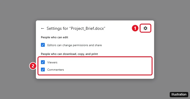How to Download View-Only Files From Google Drive (and What to Do if You Can't) 2 Google Drive share settings with People who can download, copy, and print checkboxes highlighted