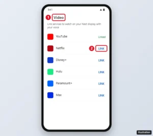 Google Home app Video settings listing streaming services with the Link button highlighted