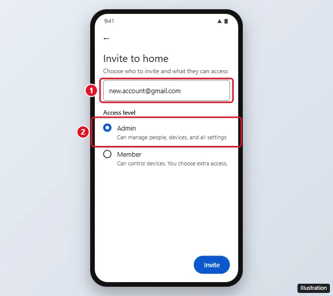 Google Home app invite screen with a new account email and the Admin access level highlighted