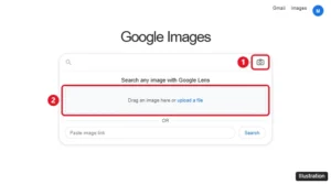 Google Images with the Search by image camera icon and the Google Lens upload box highlighted