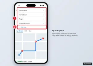 Google Maps app directions with three stops listed, drag handles, and the Add stop option highlighted