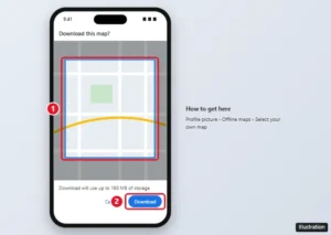 Google Maps app on iPhone showing the Download this map screen with the selected area and the Download button highlighted