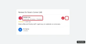 Google Maps review showing the reviewer name and profile details, with the reviewer name highlighted