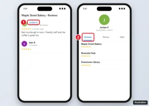 Google Maps app showing a review with the reviewer name highlighted and their profile with the Reviews tab listing all their reviews