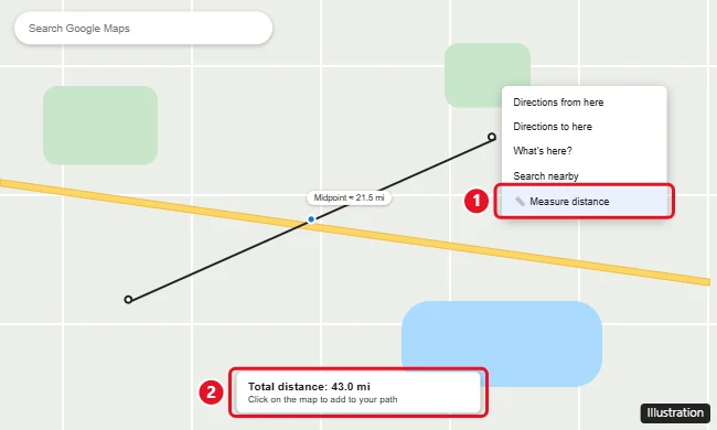 How to Find the Halfway Point on Google Maps 1 Google Maps on a computer with the right-click menu open and Measure distance highlighted, plus a measured line with total distance