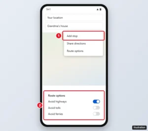 Google Maps directions screen with Add stop and Route options (avoid highways, tolls, ferries) highlighted