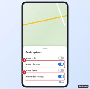 Google Maps app Route options sheet with the Avoid highways switch turned on and Remember settings highlighted