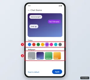 Google Messages Chat theme screen with a color palette and wallpaper options highlighted