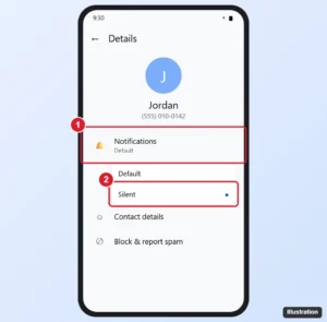 Google Messages conversation Details screen with the Notifications option highlighted