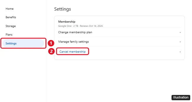 How to Cancel a Google One Subscription (Web, Android, and iPhone) 1 Google One settings page with Manage membership and the Cancel membership option highlighted