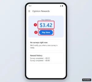 Google Opinion Rewards app on Android showing the reward balance and the Play Store button