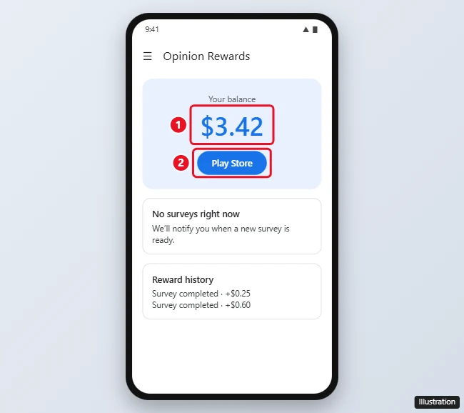 How to Withdraw Money From Google Opinion Rewards (Android and iPhone) 1 Google Opinion Rewards app on Android showing the reward balance and the Play Store button