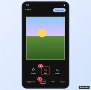 Google Photos editor on Android with the Crop tool open and the Flip button highlighted