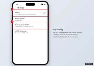 Google Photos app Backup settings with the Backup switch turned off and Back up device folders highlighted