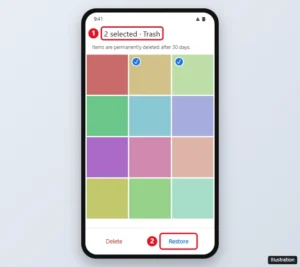 Google Photos Trash with two photos selected and the Restore button highlighted