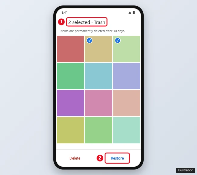 Can You Recover Permanently Deleted Photos From Google Photos? What to Check First 1 Google Photos Trash with two photos selected and the Restore button highlighted