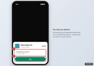 Google Play purchase sheet on an Android phone with Google Play balance selected as the payment method and the Buy button highlighted