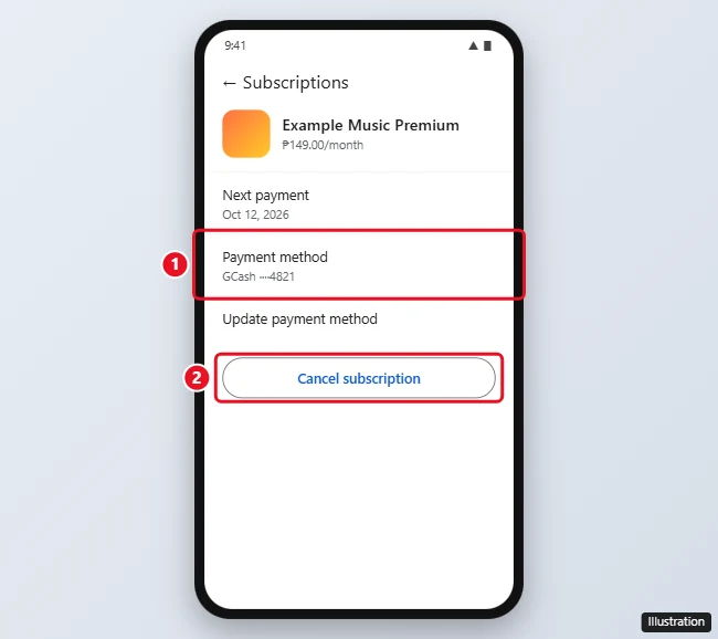How to Stop GCash Payments to Google (Cancel and Unlink) 1 Google Play subscription details paid with GCash, with the Cancel subscription button highlighted