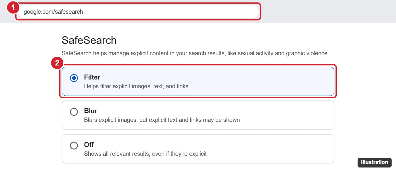 Google SafeSearch settings page with the Filter option selected and highlighted