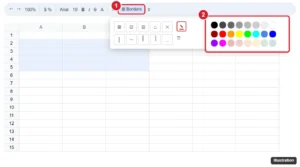 Spreadsheet toolbar Borders menu open with the Border color pencil and color palette highlighted