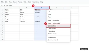Spreadsheet with column C selected and Delete column highlighted in the right-click menu
