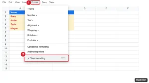 Spreadsheet Format menu open with Clear formatting highlighted and formatted cells selected
