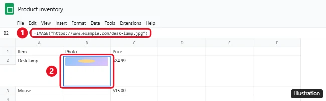 How to Insert an Image Into a Cell in Google Sheets (and Lock It in Place) 2 Google Sheets cell showing an IMAGE formula in the formula bar and the image displayed in the cell