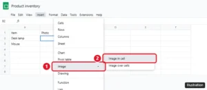 Google Sheets Insert menu with Image and Image in cell highlighted