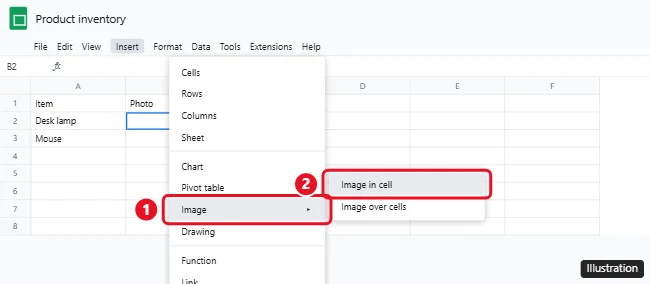 How to Insert an Image Into a Cell in Google Sheets (and Lock It in Place) 1 Google Sheets Insert menu with Image and Image in cell highlighted