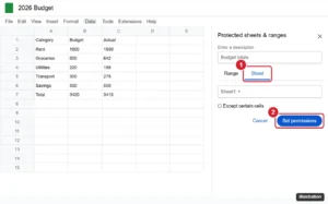 Google Sheets with the Protected sheets and ranges panel open and the Sheet tab and Set permissions button highlighted