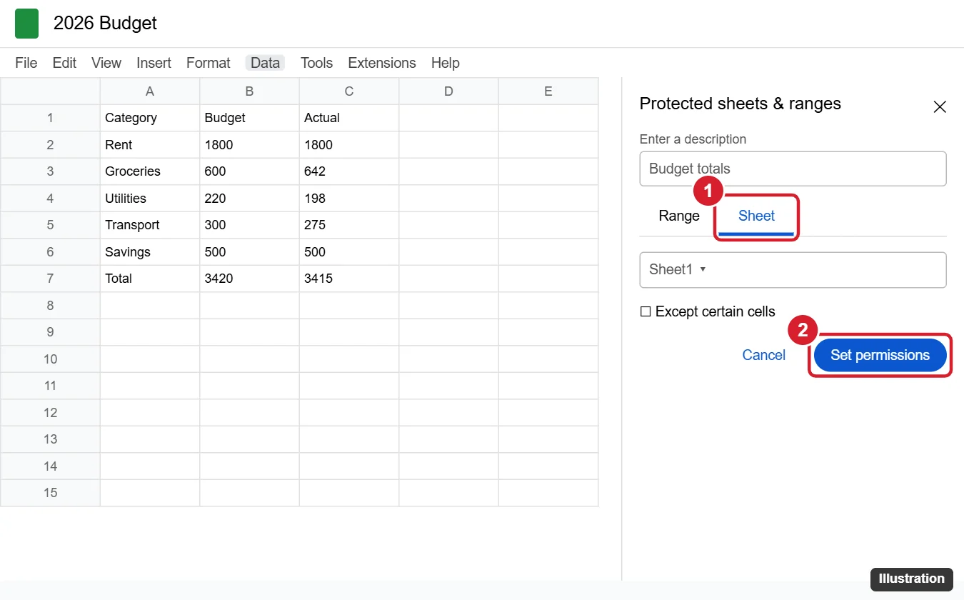 How to Password Protect a Google Sheet (and What to Do Instead) 1 Google Sheets with the Protected sheets and ranges panel open and the Sheet tab and Set permissions button highlighted