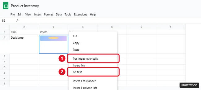 How to Insert an Image Into a Cell in Google Sheets (and Lock It in Place) 3 Right-click menu on a Google Sheets cell with an image, showing Put image over cells and Alt text