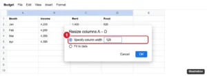 Google Sheets Resize columns dialog with Specify column width set to 120 highlighted for selected columns