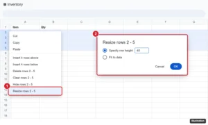 Google Sheets right-click menu on row numbers with Resize rows highlighted and the Resize rows dialog set to a specific height