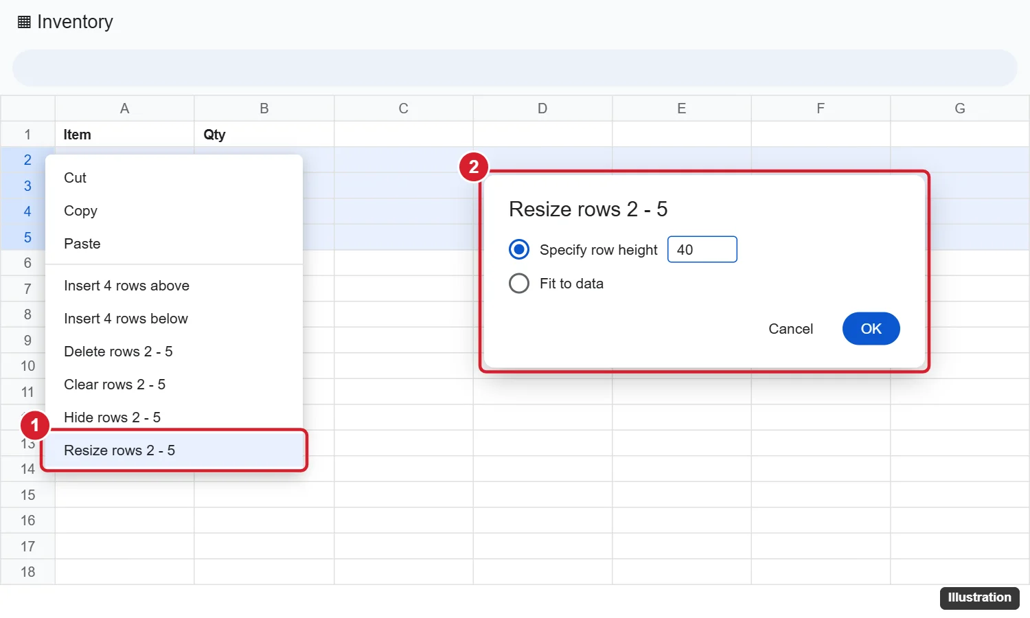 Google Sheets right-click menu on row numbers with Resize rows highlighted and the Resize rows dialog set to a specific height