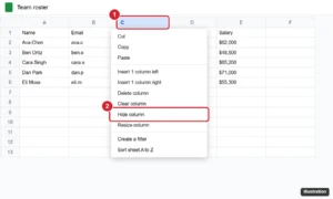Google Sheets with column C selected and the right-click menu showing Hide column highlighted