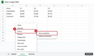 Google Sheets sheet tab right-click menu with Copy to and New spreadsheet highlighted