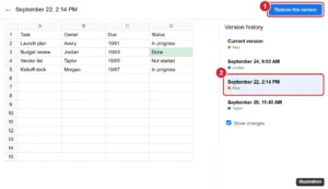 Spreadsheet version history view with an earlier version selected and the Restore this version button highlighted