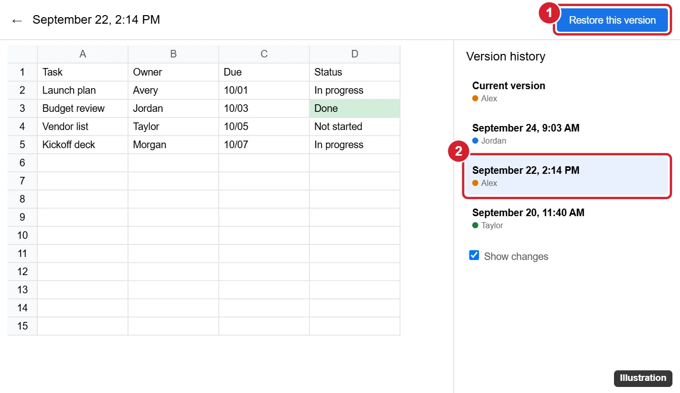 How to Restore a Version From Version History in Google Sheets 1 Spreadsheet version history view with an earlier version selected and the Restore this version button highlighted