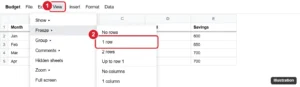Google Sheets View menu with Freeze open and 1 row highlighted