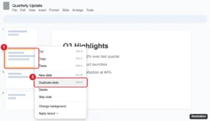 Presentation editor with a slide thumbnail right-clicked and Duplicate slide highlighted
