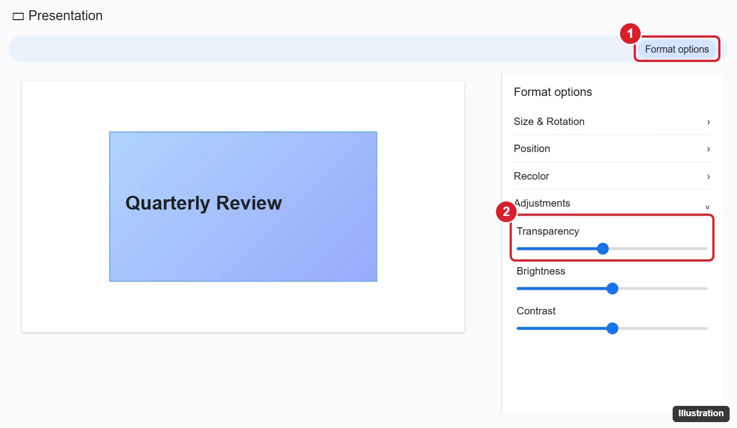 Google Slides with an image selected and the Format options panel open to Adjustments with the Transparency slider highlighted