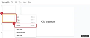Google Slides filmstrip with a slide right-clicked and Delete highlighted in the menu