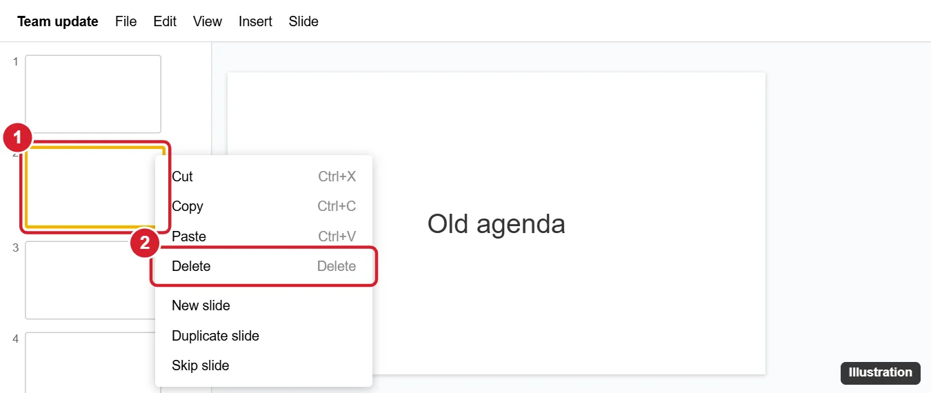 How to Delete a Slide in Google Slides 1 Google Slides filmstrip with a slide right-clicked and Delete highlighted in the menu