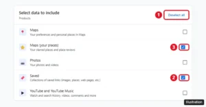 Google Takeout with Deselect all, Saved, and Maps (your places) highlighted
