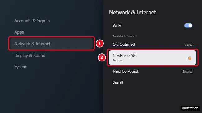How to Connect Chromecast to Wi-Fi (With or Without the Google Home App) 1 Google TV Network and Internet settings with the Wi-Fi network list and a new network highlighted