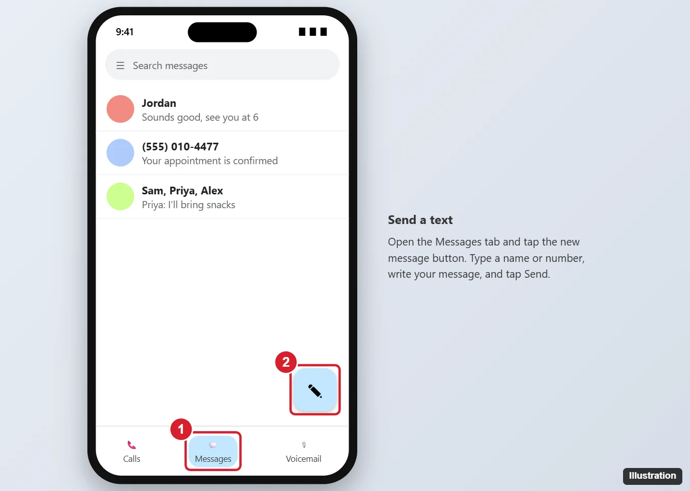 How to Text With Google Voice on Android, iPhone, and Computer 1 Google Voice app on a phone with the Messages tab and the new message button highlighted